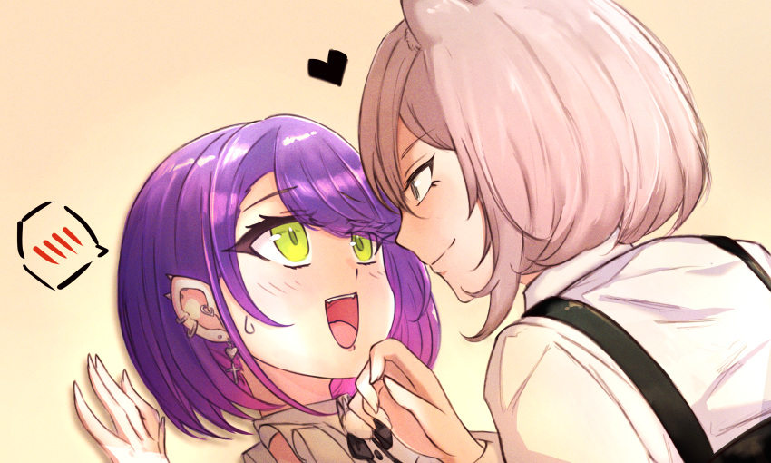 2girls, absurdres, animal_ears, blush, commentary_request, earrings, eye_contact, face-to-face