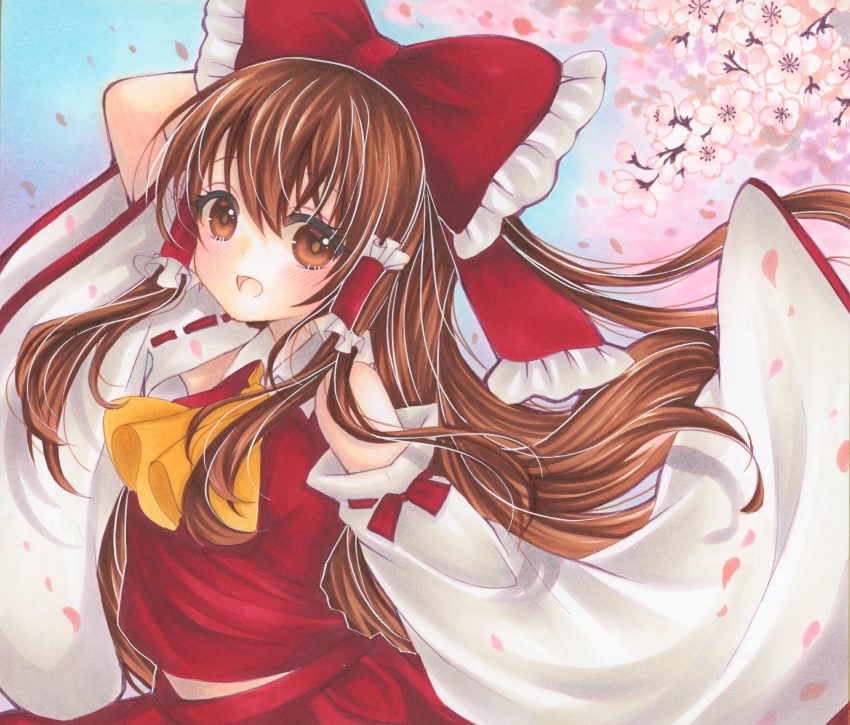 1girl, :d, absurdres, ascot, blush, bow, brown_eyes, brown_hair