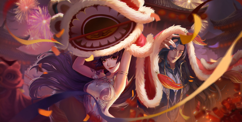 1boy, 1girl, absurdres, armpits, arms_up, blue_hair, brown_hair, chinese_new_year, couple, douluo_dalu, dress, fireworks, highres, lion_dance, long_hair, nuomi, pink_dress, ponytail, smile, tang_san, xiao_wu_(douluo_dalu)