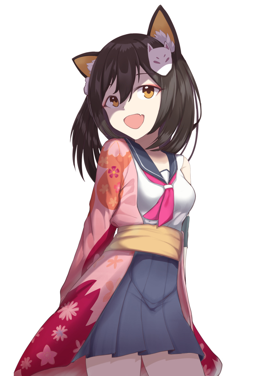 1girl, absurdres, animal_ear_fluff, animal_ears, black_hair, blush, egasumi, fang, fishnets, fox_ears, grin, hair_ornament, highres, izuna_(blue_archive), kanoko_(pattern), looking_at_viewer, medium_hair, open_mouth, pleated_skirt, sakuramon, scarf, school_uniform, shirt, skin_fang, skirt, sleeveless, sleeveless_shirt, smile, solo, sugiru, tail