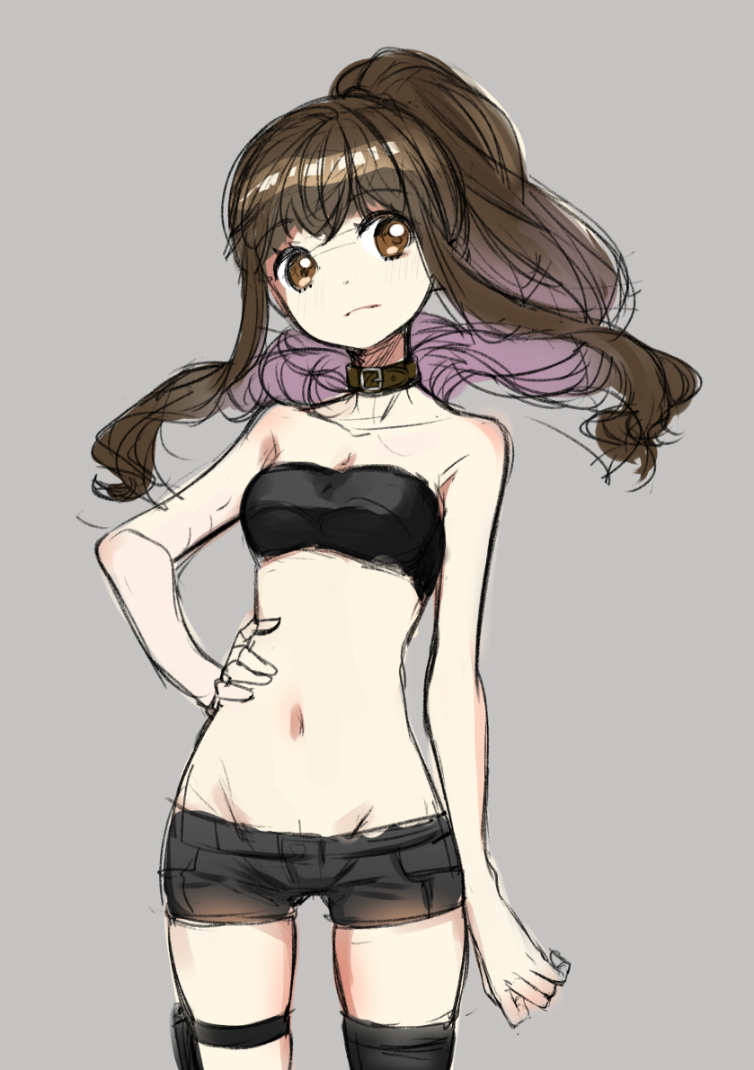 1girl, asymmetrical_legwear, bangs, bare_arms, bare_shoulders, black_bandeau, black_bra, black_legwear, black_shorts, bra, brown_collar, brown_eyes, brown_hair, closed_mouth, code_none, collar, collarbone, cowboy_shot, eyebrows_visible_through_hair, fate/extra, fate_(series), floating_hair, grey_background, groin, hand_on_hip, head_tilt, high_ponytail, holster, kishinami_hakuno_(female), long_hair, looking_at_viewer, lowleg, lowleg_shorts, midriff, navel, short_shorts, shorts, sidelocks, simple_background, single_thighhigh, sketch, solo, standing, stomach, strapless, strapless_bra, thigh-highs, thigh_holster, tube_top, underwear, very_long_hair