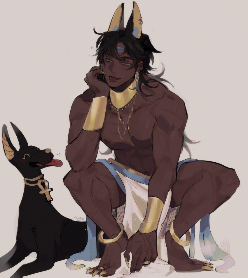 1boy, absurdres, animal, animal_ears, ankh, anklet, anpu_(monmeon), arm_on_shoulder