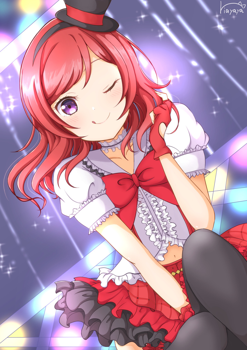 1girl, :q, ariria_(nanayuri), black_headwear, black_legwear, blush, bokura_wa_ima_no_naka_de, choker, commentary_request, facing_viewer, fingerless_gloves, frilled_choker, frilled_skirt, frills, gloves, hand_up, hat, highres, idol, knees_up, love_live!, love_live!_school_idol_project, midriff_peek, mini_hat, navel, nishikino_maki, one_eye_closed, puffy_short_sleeves, puffy_sleeves, red_gloves, red_ribbon, ribbon, shirt, short_hair, short_sleeves, signature, skirt, smile, solo, thigh-highs, tongue, tongue_out, violet_eyes, white_choker, white_shirt, zettai_ryouiki