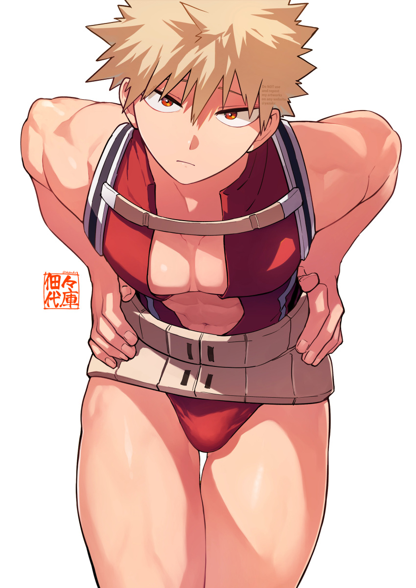 1boy, abs, absurdres, bakugou_katsuki, bangs, blonde_hair, boku_no_hero_academia, bulge, chest_strap, costume, cowboy_shot, hands_on_hips, hands_on_own_hips, highres, leotard, looking_at_viewer, low-cut, male_focus, mature_male, muscular, navel, pectoral_cleavage, pectorals, red_eyes, short_hair, signature, simple_background, sleeveless, solo, spiky_hair, straight-on, thighs, twitter_username, white_background, wide_belt, yazakc