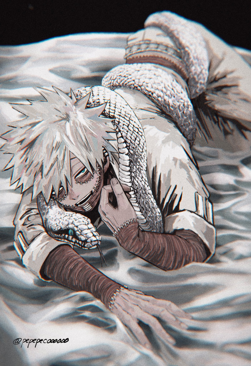 1boy, anaconda, bangs, bed_sheet, blue_eyes, blurry, boku_no_hero_academia, burn_scar