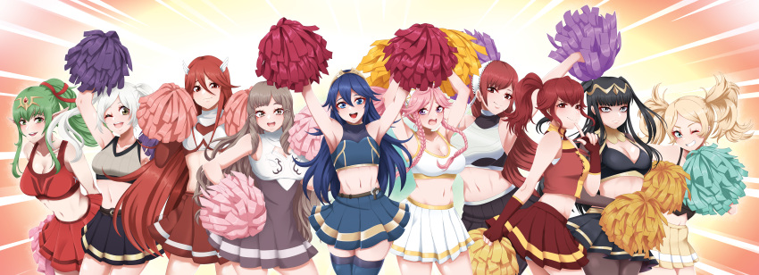 6+girls, absurdres, adapted_costume, anna_(fire_emblem), armpits, arms_up, black_hair, blonde_hair