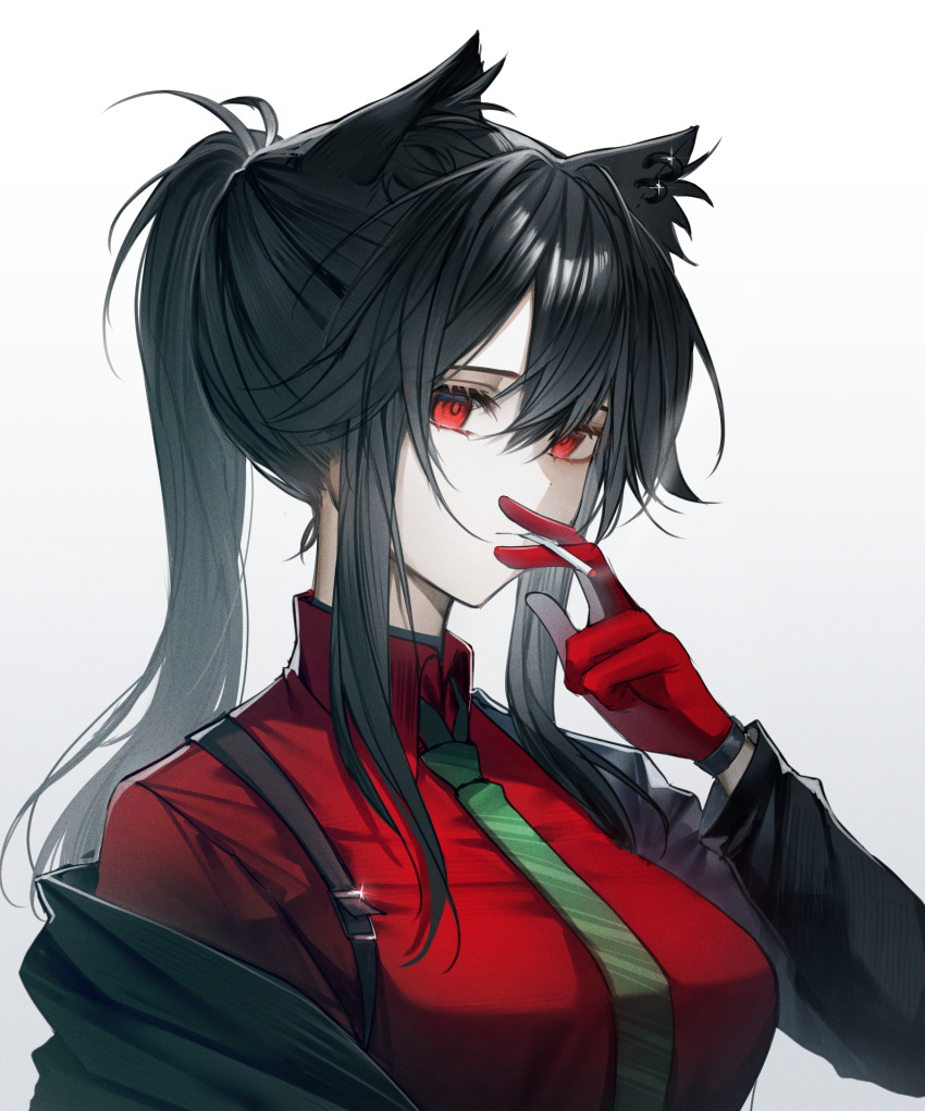 1girl, alternate_eye_color, animal_ear_fluff, animal_ears, arknights, bangs, black_hair, black_jacket