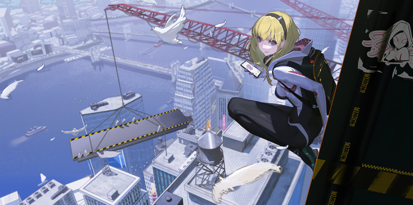 1girl, against_wall, backpack, bag, bird, blonde_hair, bodysuit, bridge, building, cellphone, city, crane_(machine), dove, feathers, gwen_stacy, hairband, highres, hood, hood_down, hooded_bodysuit, looking_at_viewer, marvel, phone, river, smartphone, smile, solo, spider-gwen, spider-man_(miles_morales), spider-man_(series), spider_web_print, superhero, vafar7