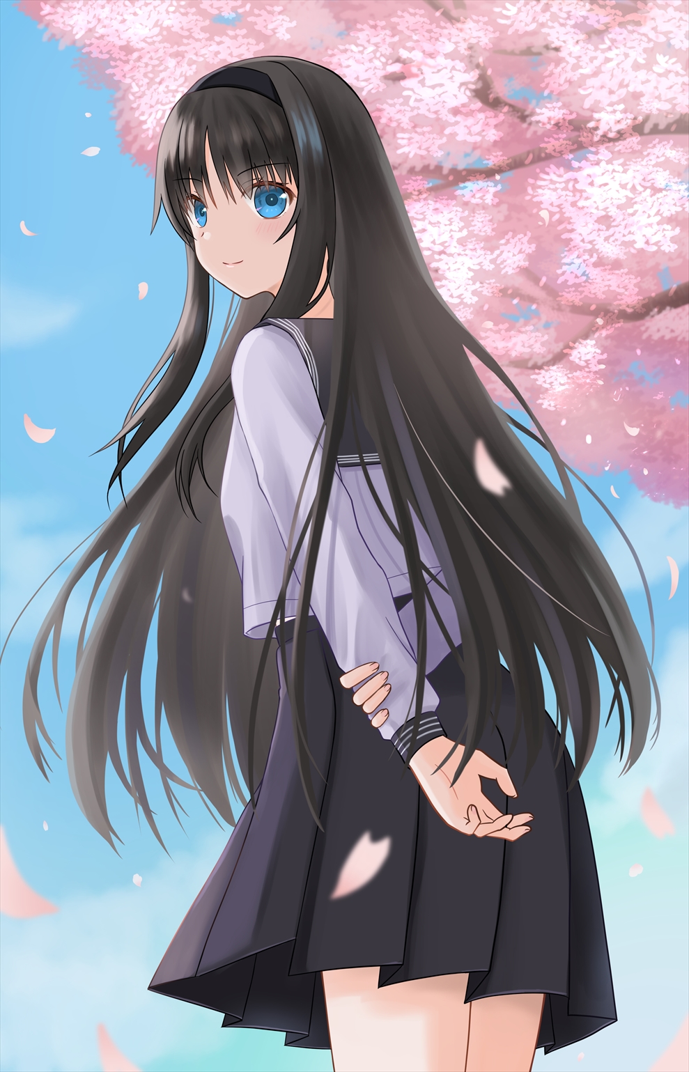 1girl, black_hair, black_hairband, black_sailor_collar, black_skirt, blouse, blue_blouse, blue_eyes, blue_sky, blush, cherry_blossoms, closed_eyes, clouds, commentary_request, day, eyebrows_visible_through_hair, fingernails, from_behind, hairband, highres, kageniwa, long_hair, long_sleeves, looking_at_viewer, outdoors, petals, pleated_skirt, sailor_collar, school_uniform, serafuku, skirt, sky, smile, solo, tohno_akiha, tsukihime, tsukihime_(remake), uniform, very_long_hair