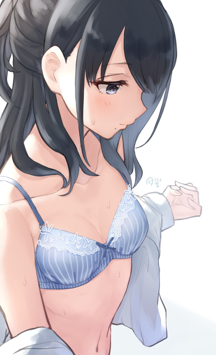 1girl, black_hair, blue_bra, blue_eyes, bra, breasts, closed_mouth, commentary_request