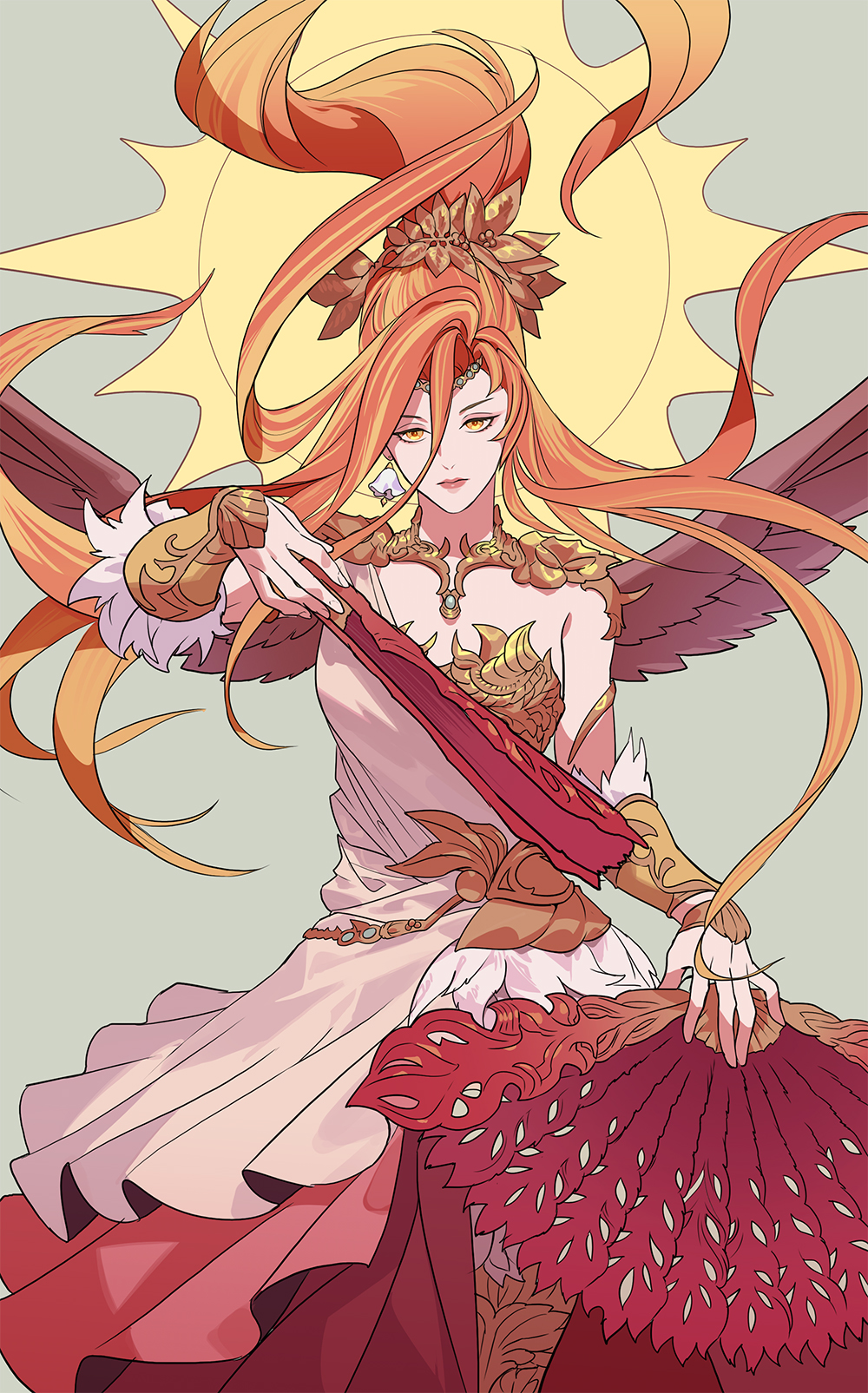 1girl, azeyma, byuub, circlet, commentary, earrings, feathered_wings, feet_out_of_frame