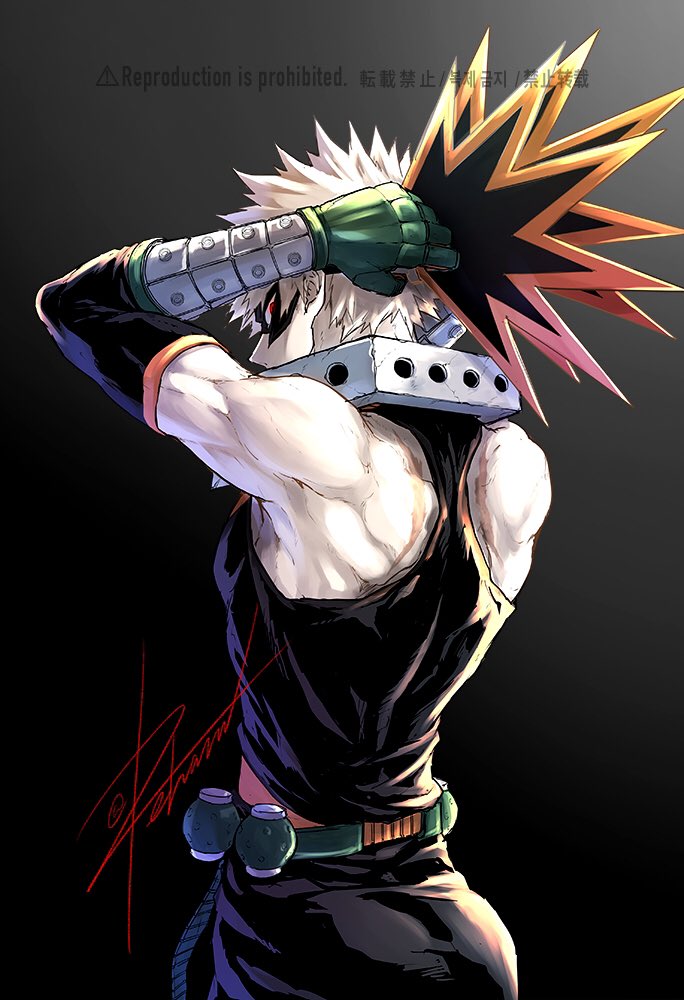 1boy, arms_behind_head, ass, bakugou_katsuki, bangs, belt, black_background, black_pants, black_shirt, blonde_hair, boku_no_hero_academia, costume, cowboy_shot, detached_sleeves, explosive, eye_mask, from_behind, gloves, grenade, haru_(reharux035), headgear, looking_at_viewer, looking_back, male_focus, muscular, muscular_male, neck_brace, pants, racerback, red_eyes, shirt, short_hair, signature, skin_tight, sleeveless, solo, spiky_hair, twitter_username, utility_belt, vambraces, watermark