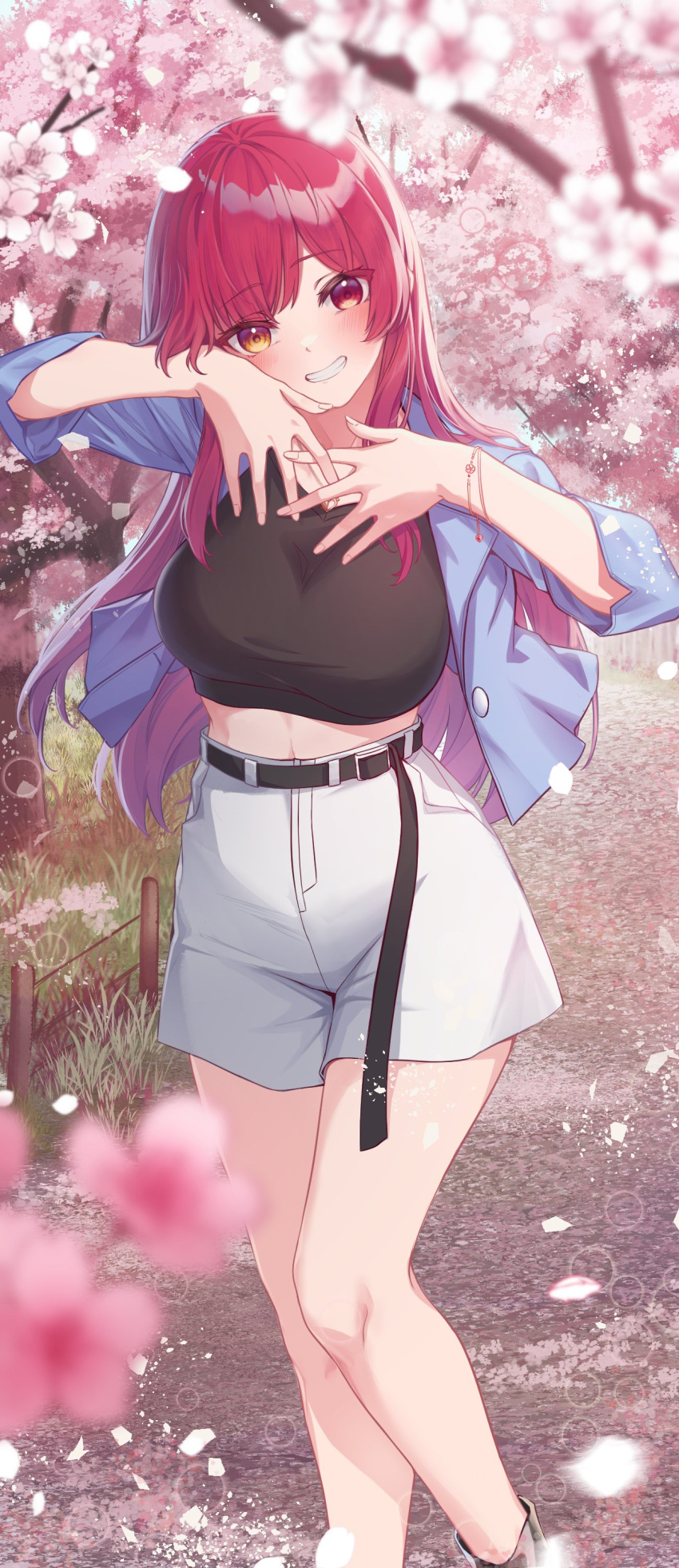 1girl, absurdres, bangs, bare_legs, belt, black_belt, black_shirt, blue_jacket, blurry, blurry_background, blurry_foreground, blush, breasts, cherry_blossoms, crop_top, eyebrows_visible_through_hair, flower, grin, heterochromia, high-waist_shorts, highres, hololive, houshou_marine, jacket, large_breasts, long_hair, long_sleeves, looking_at_viewer, midriff, open_clothes, open_jacket, pink_flower, red_eyes, redhead, shirt, shorts, smile, solo, tang-du, virtual_youtuber, white_shorts, yellow_eyes