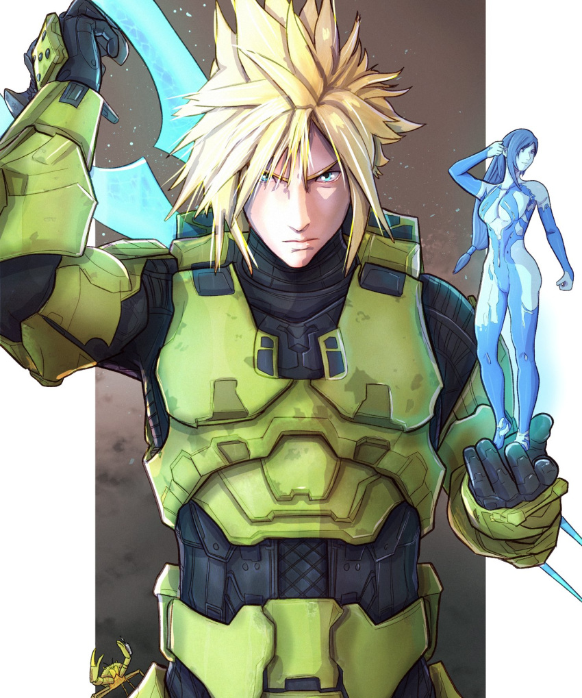 1boy, 1girl, aqua_eyes, black_bodysuit, blonde_hair, blue_hair, blue_skin, bodypaint