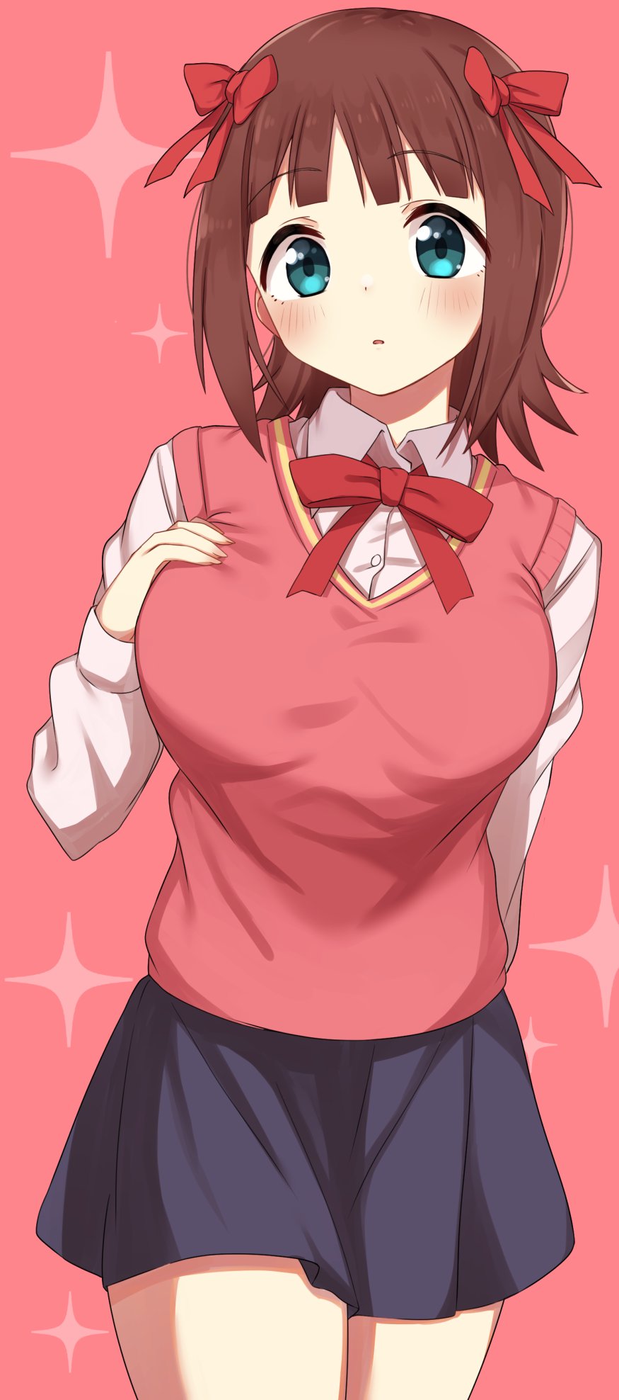 1girl, :o, amami_haruka, bangs, blunt_bangs, blush, breasts, brown_hair, cowboy_shot, green_eyes, hair_ribbon, hand_on_own_chest, highres, idolmaster, idolmaster_(classic), large_breasts, looking_at_viewer, neck_ribbon, pocchari, red_background, red_vest, ribbon, school_uniform, simple_background, solo, sparkle_print, vest