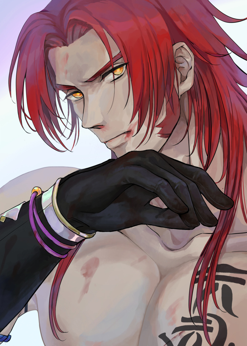 1boy, absurdres, armband, bangs, blood, bracelet, chest_tattoo, collarbone