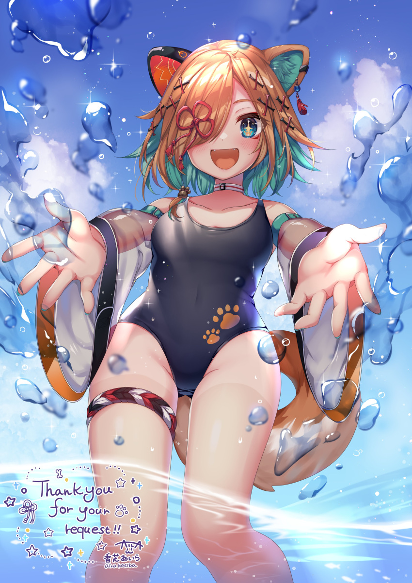 1girl, absurdres, animal_ear_fluff, animal_ears, aqua_eyes, aqua_hair, aqua_nails, choker, clouds, cloudy_sky, colored_inner_hair, commission, detached_sleeves, dog_ears, dog_girl, dog_tail, earrings, fangs, hair_ornament, hairclip, highres, jewelry, kashiba_aira, miyoshino_shiki, multicolored_hair, one-piece_swimsuit, one_eye_covered, orange_hair, paw_print, power_symbol, prism_project, prosthetic_ear, second-party_source, see-through_sleeves, skeb_commission, sky, solo, star-shaped_pupils, star_(symbol), swimsuit, symbol-shaped_pupils, tail, thigh_strap, water