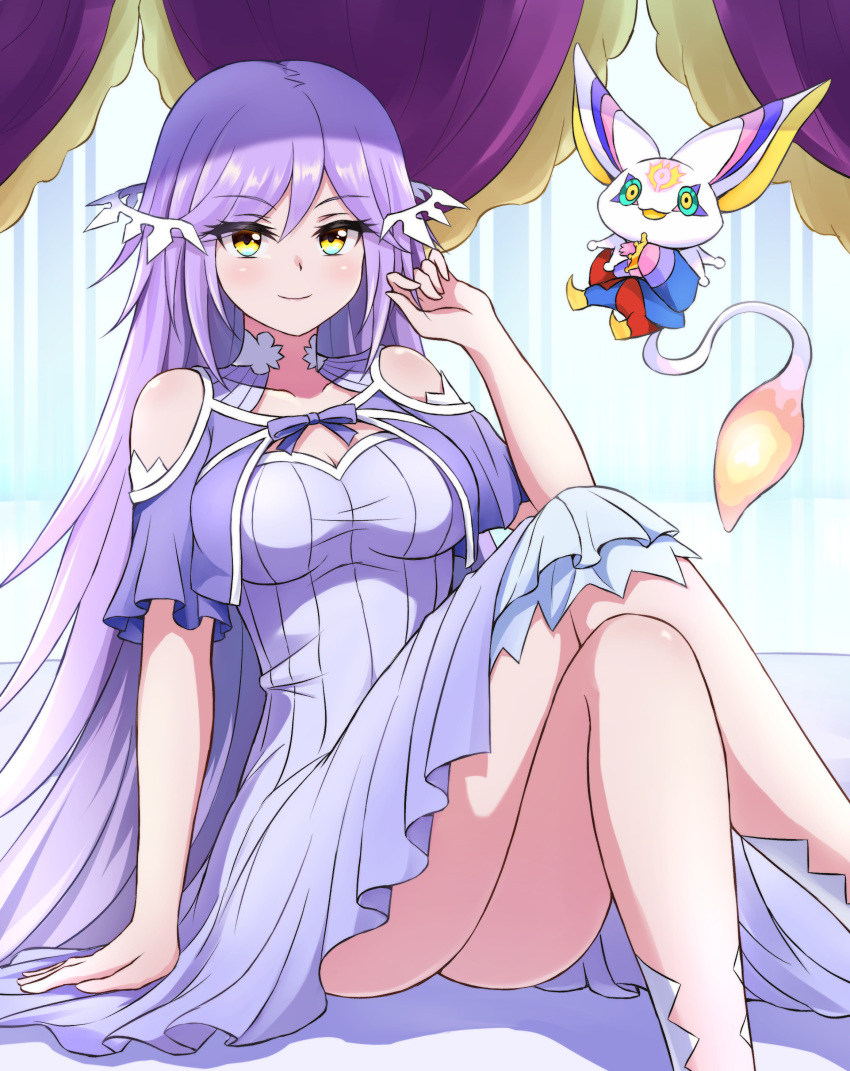 1girl, absurdres, akirappy, arm_support, bangs, bare_shoulders, breasts, cleavage_cutout
