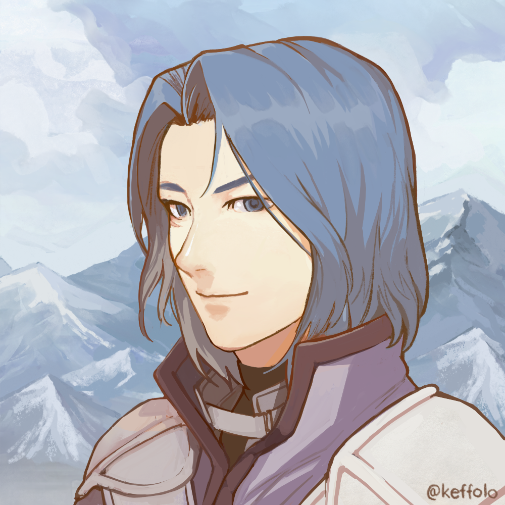 1boy, armor, artist_name, blue_eyes, blue_hair, blue_sky, coat, commentary, english_commentary, fire_emblem, fire_emblem:_radiant_dawn, forehead, grey_coat, keffolo, looking_at_viewer, male_focus, mountain, outdoors, portrait, short_hair, shoulder_armor, sky, smile, solo, twitter_username, zihark_(fire_emblem)