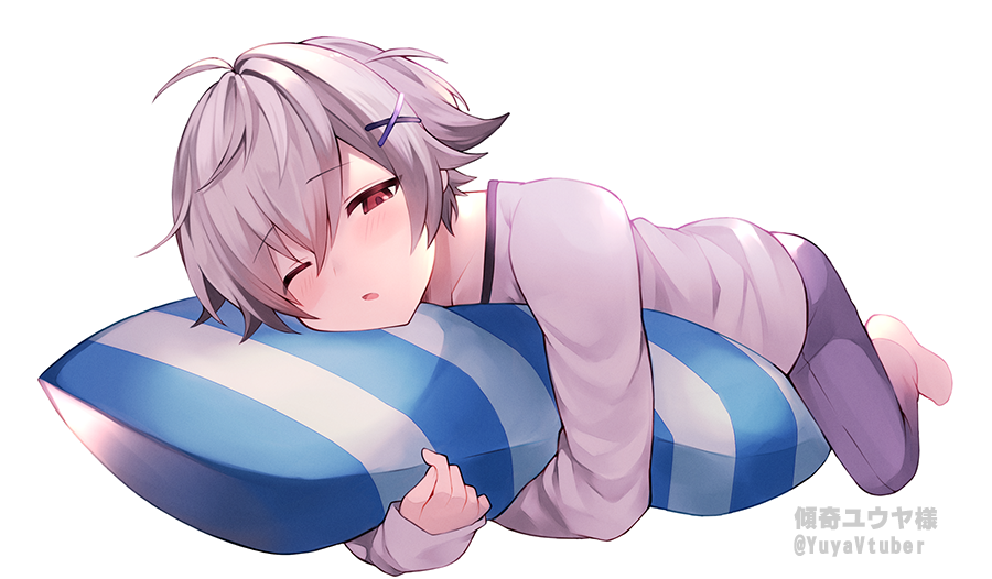 1boy, brown_hair, full_body, grey_hair, hair_ornament, hairclip, indie_virtual_youtuber, long_sleeves