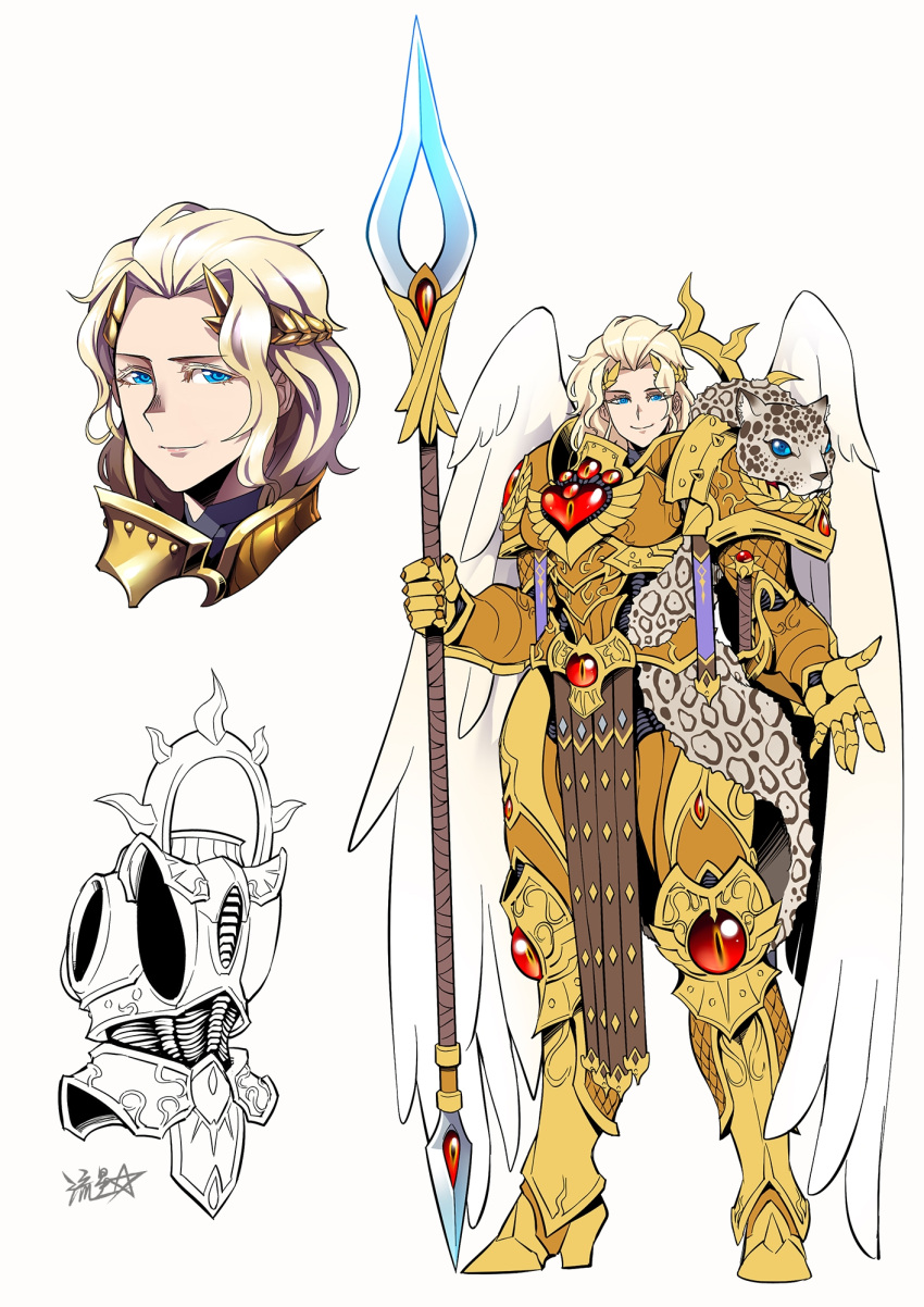 1girl, adeptus_astartes, ahoge, angel_wings, armor, blonde_eyelashes, blonde_hair, blood_angels, blue_eyes, braid, breastplategauntlets, breasts, genderswap, genderswap_(mtf), glowing, glowing_eyes, glowing_hair, gold_armor, grin, highres, holding, holding_polearm, holding_weapon, imperium_of_man, laurel_crown, open_mouth, pauldrons, polearm, power_armor, ryuusei_(mark_ii), sanguinius, shoulder_armor, signature, smile, solo, sword, tassel, warhammer_40k, weapon, wings