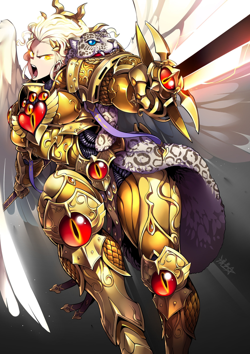 1girl, adeptus_astartes, ahoge, angel_wings, armor, blonde_hair, blood_angels, blue_eyes