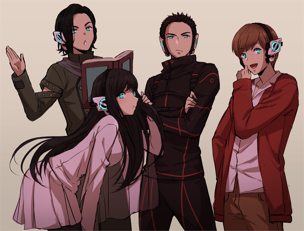 1girl, 3boys, alternate_universe, android, bangs, bent_over, black_hair, black_jacket