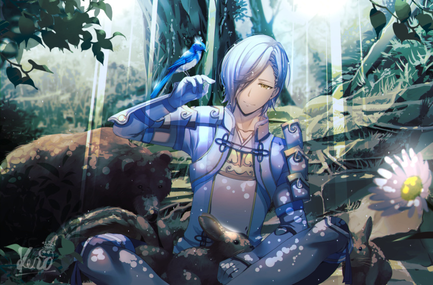 1boy, animal, animal_on_hand, animal_on_lap, armor, bangs, bird, bird_on_hand