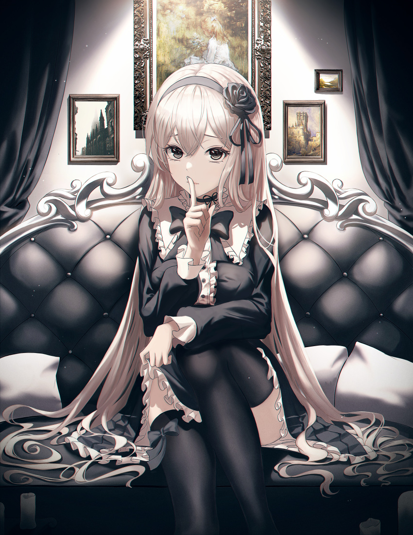 1girl, absurdres, apron, bangs, black_apron, black_bow, black_bowtie, black_eyes