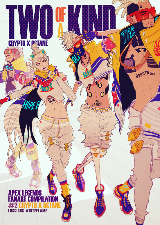 1girl, 3boys, adapted_costume, apex_legends, black_lips, blonde_hair, blue_footwear, breasts