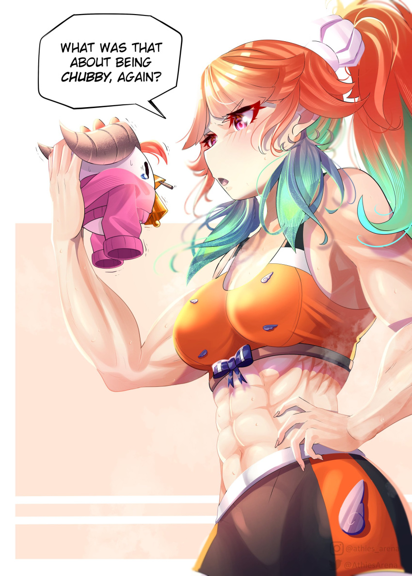 1girl, abs, absurdres, animal, athies, bird, black_shorts, blue_bow, blush, bow, chicken, collarbone, earrings, english_commentary, feather_earrings, feathers, gradient_hair, green_hair, hand_on_hip, highres, holding, holding_animal, hololive, hololive_english, jewelry, multicolored_hair, muscular, muscular_female, open_mouth, orange_hair, orange_sports_bra, ponytail, shorts, solo, spikes, sports_bra, takanashi_kiara, violet_eyes, virtual_youtuber