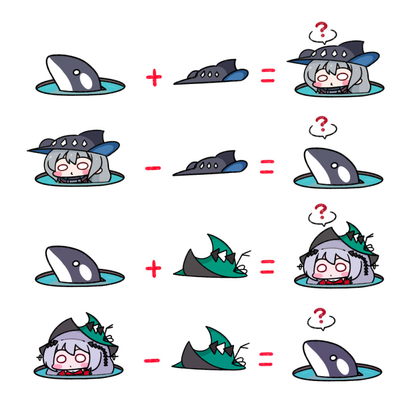 2girls, ?, animal, arknights, bangs, black_headwear, black_jacket, blush_stickers, ca-ma, closed_mouth, commentary_request, dress, eyebrows_visible_through_hair, green_headwear, grey_hair, hat, hat_removed, headwear_removed, jacket, long_hair, multiple_girls, multiple_views, orca, red_dress, simple_background, skadi_(arknights), skadi_the_corrupting_heart_(arknights), spoken_question_mark, white_background