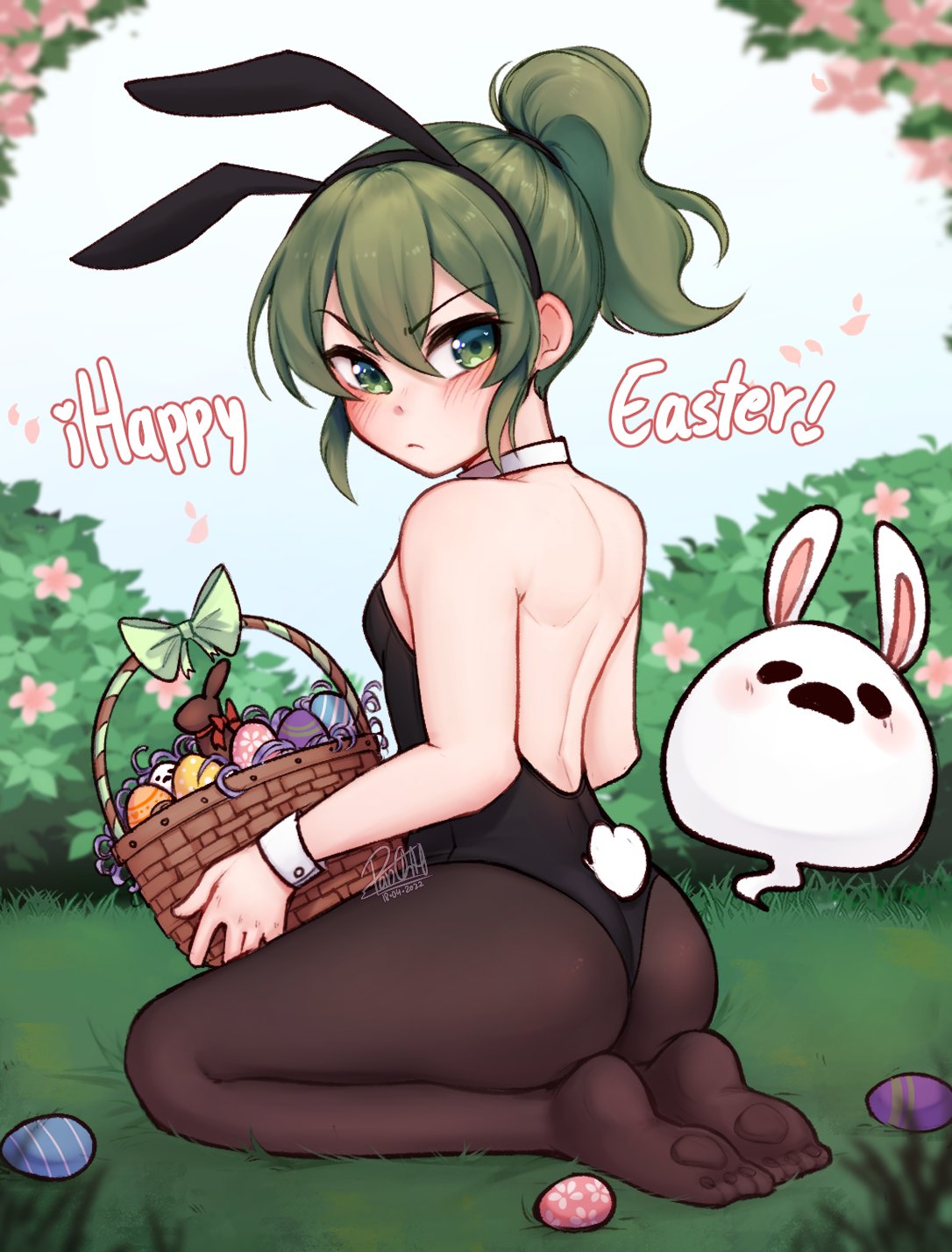 1girl, animal_ears, ass, basket, black_leotard, blush, bow, bowtie