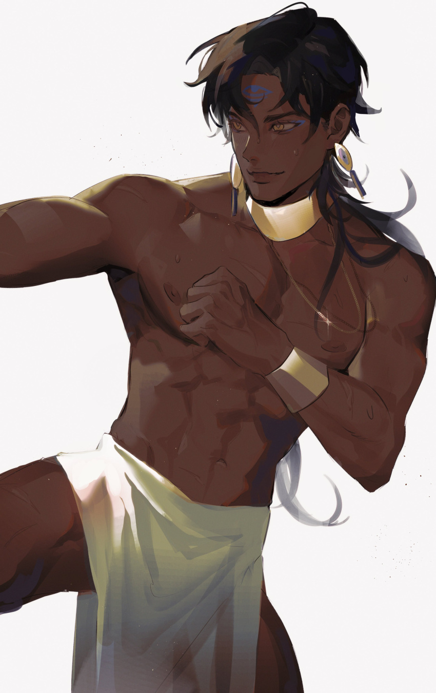 1boy, absurdres, anpu_(monmeon), black_hair, blue_eyeshadow, bracer, clenched_hand, clenched_hands