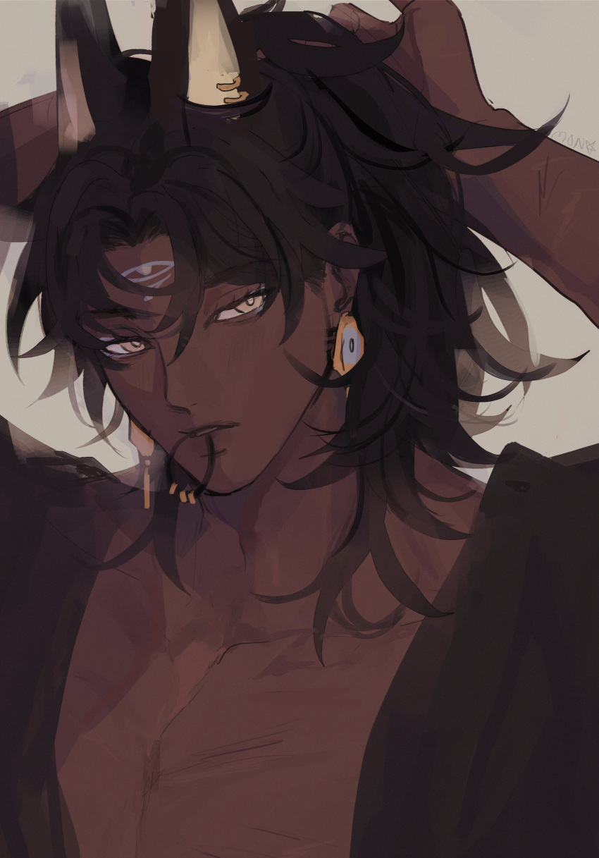 1boy, absurdres, animal_ears, anpu_(monmeon), arms_up, black_hair, black_robe, blue_eyeshadow