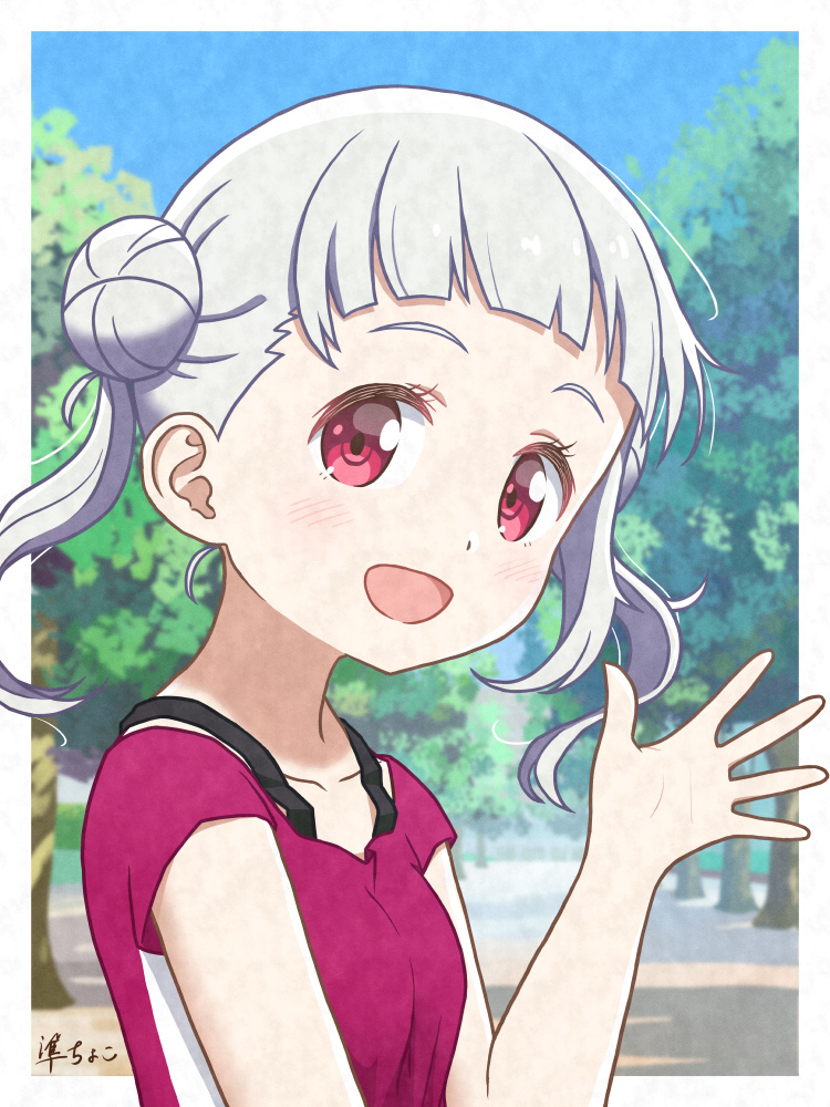 1girl, :d, arashi_chisato, artist_name, bangs, blunt_bangs, blush, border, breasts, double_bun, hand_up, junchoco1207, looking_at_viewer, love_live!, love_live!_superstar!!, medium_hair, open_hand, outdoors, palms, red_eyes, red_shirt, shirt, short_bangs, short_sleeves, silver_hair, small_breasts, smile, solo, t-shirt, tareme, tree, twintails, upper_body, waving, white_border
