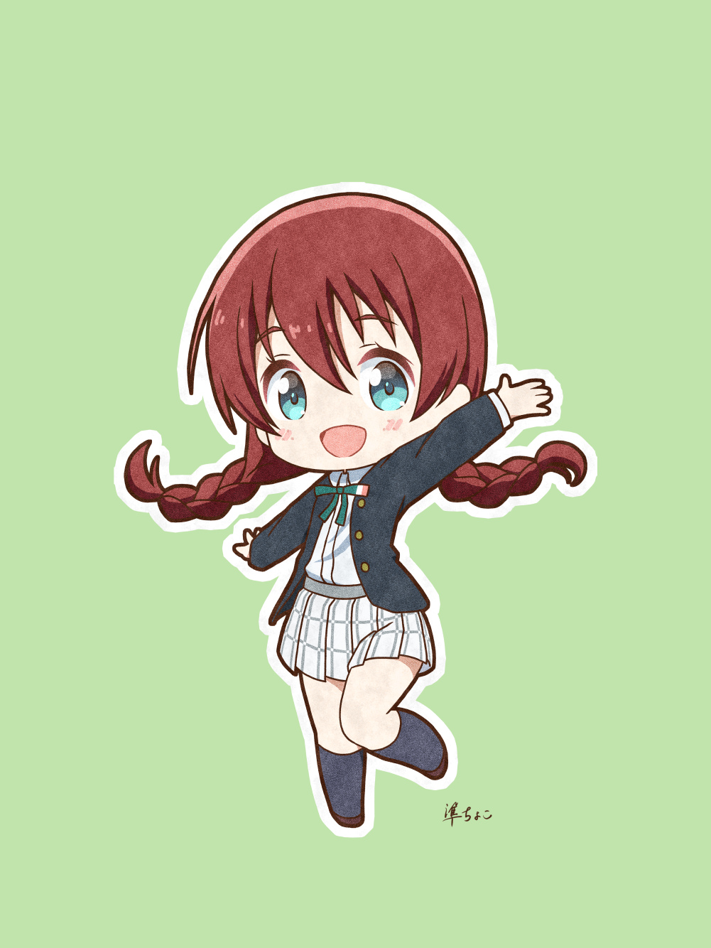 1girl, :d, aqua_eyes, aqua_ribbon, arm_up, artist_name, black_jacket, black_legwear, blush, braid, brown_footwear, brown_hair, chibi, emma_verde, eyebrows_visible_through_hair, full_body, green_background, highres, jacket, junchoco1207, kneehighs, long_hair, looking_at_viewer, love_live!, love_live!_nijigasaki_high_school_idol_club, low_twin_braids, miniskirt, neck_ribbon, nijigasaki_academy_school_uniform, open_clothes, open_jacket, open_mouth, outline, plaid, plaid_skirt, ribbon, school_uniform, shirt, shirt_tucked_in, simple_background, skirt, smile, solo, standing, standing_on_one_leg, twin_braids, twintails, unbuttoned, waving, white_outline, white_shirt, white_skirt, winter_uniform