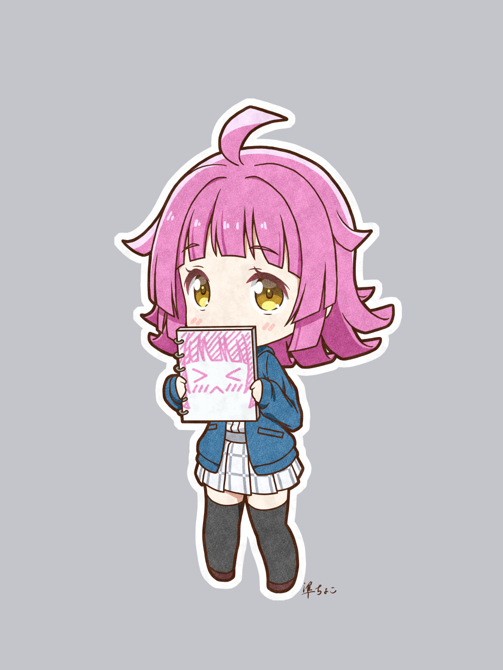 1girl, ahoge, artist_name, bangs, black_legwear, blue_hoodie, blunt_bangs, blunt_ends