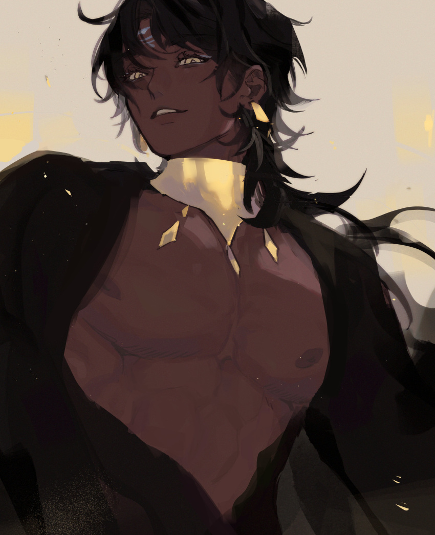 1boy, absurdres, anpu_(monmeon), black_hair, black_robe, blue_eyeshadow, dark_skin, earrings