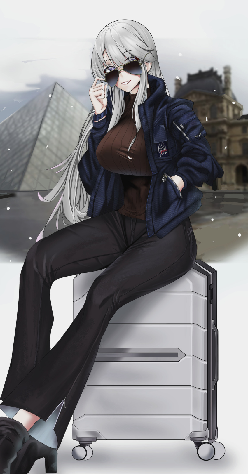 1girl, absurdres, ankle_boots, azur_lane, boots, denim, eagle_union_(emblem), enterprise_(azur_lane)