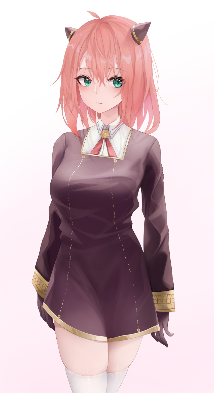 1girl, absurdres, ahoge, anya_(spy_x_family), aqua_eyes, black_gloves, closed_mouth, expressionless
