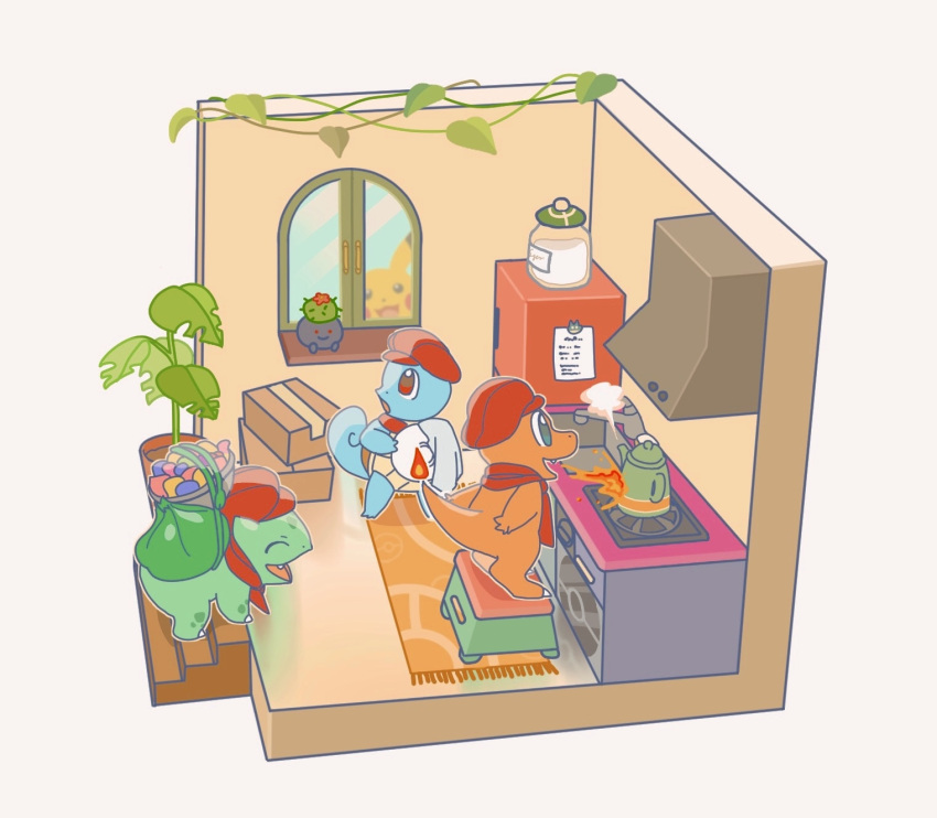 ^_^, basket, blue_eyes, box, breathing_fire, bulbasaur, cabbie_hat, cardboard_box