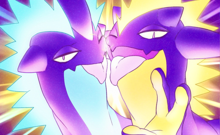 cheek-to-cheek, closed_mouth, commentary_request, electricity, enden_(slcn040), face, fangs, half-closed_eye