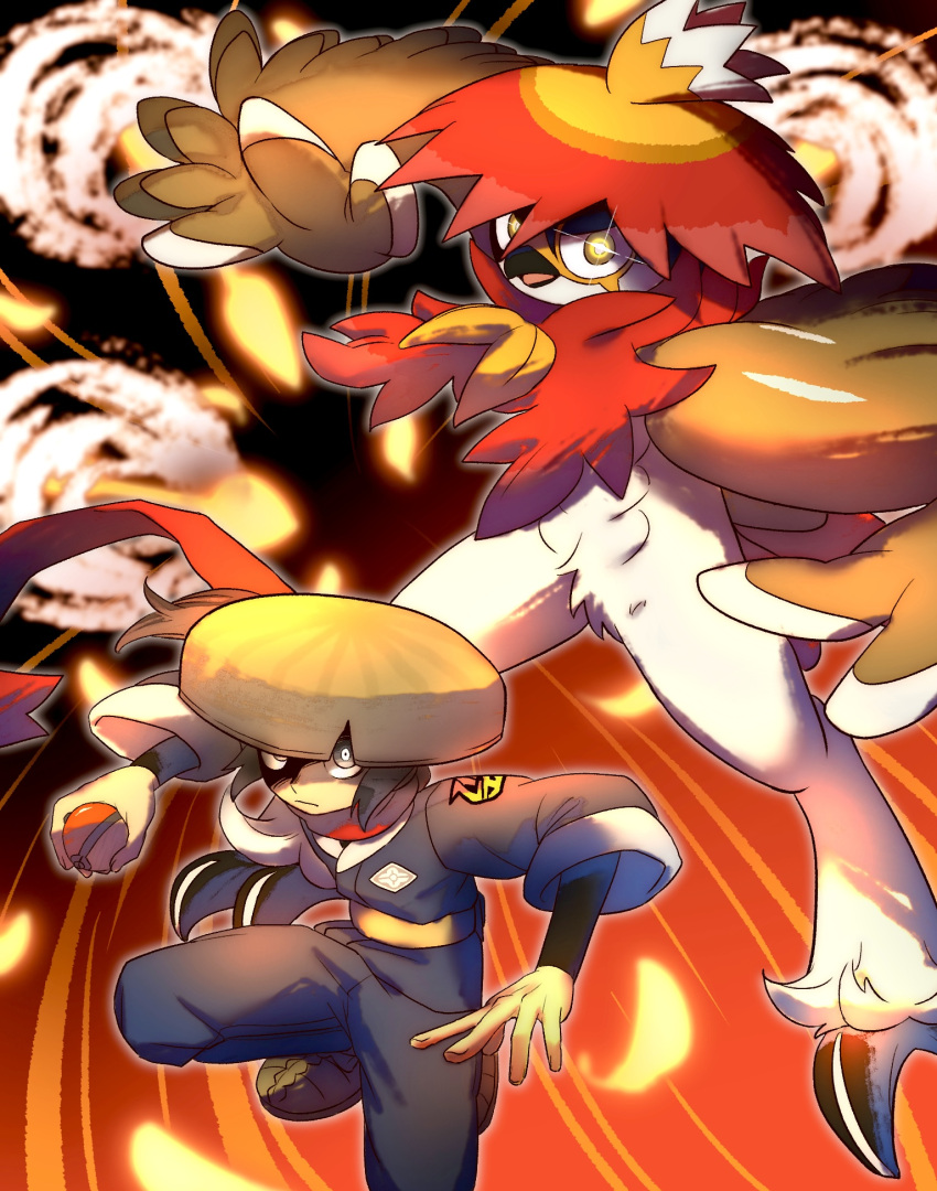 +_+, 1girl, 1other, ajirogasa, akari_(pokemon), animal_feet, arms_up, beak
