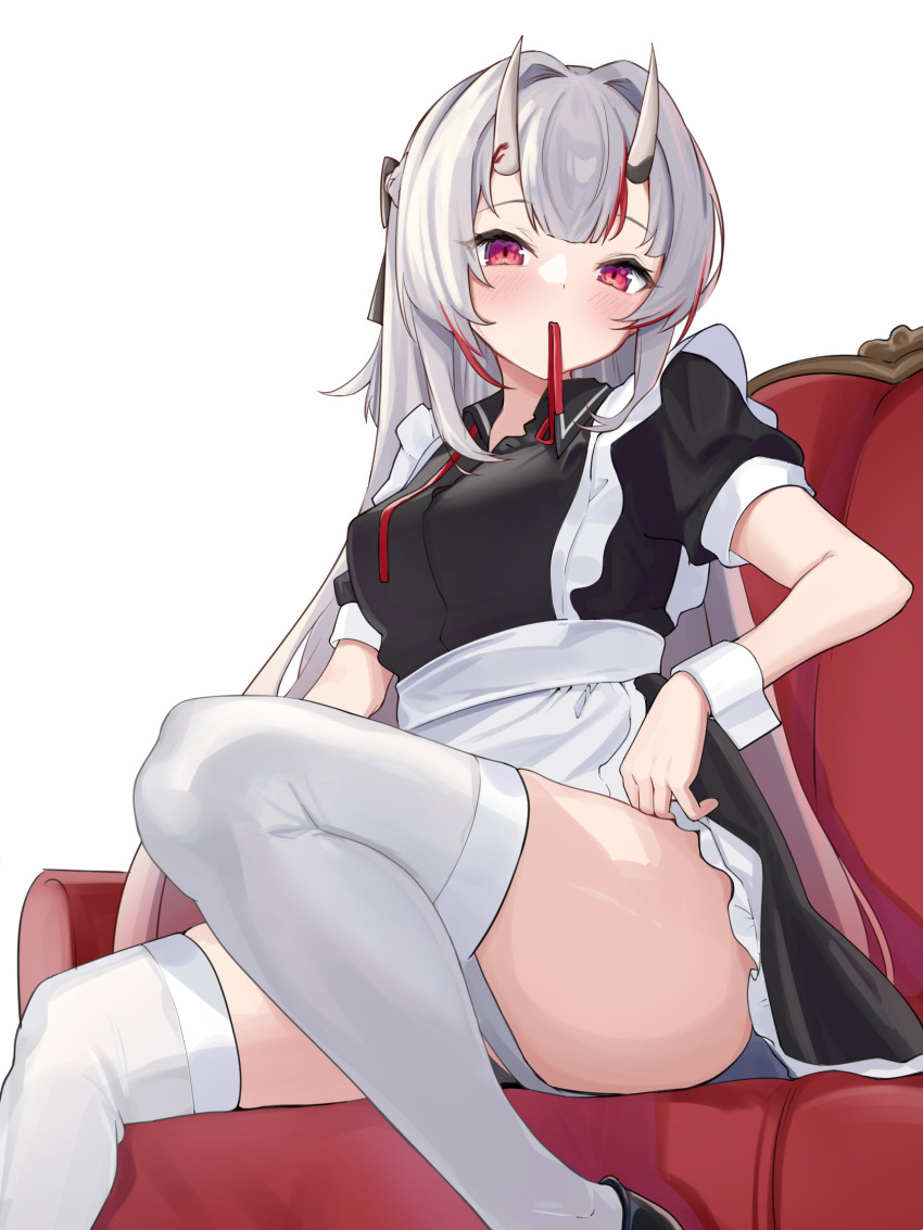 1girl, alternate_costume, blush, breasts, couch, enmaided, highres, hitachi_sou