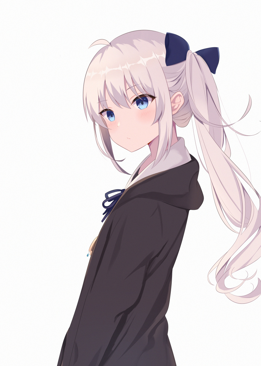 1girl, absurdres, bangs, blue_bow, blue_eyes, blue_ribbon, blush, bow