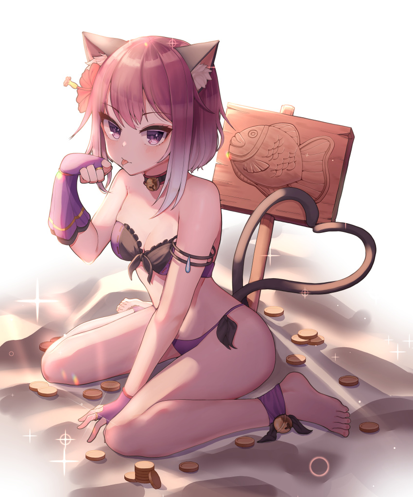 1girl, absurdres, animal_ear_fluff, animal_ears, bare_legs, bare_shoulders, barefoot, bell