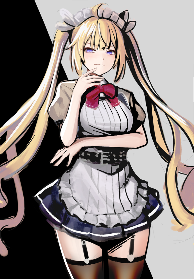 1girl, adapted_costume, ahoge, belt, belt_buckle, bindong, blonde_hair, blue_eyes, bow, bowtie, buckle, counter:side, eyebrows_visible_through_hair, long_hair, looking_at_viewer, maid_headdress, naielle_bluesteel, school_uniform, skirt, solo, thigh-highs, twintails