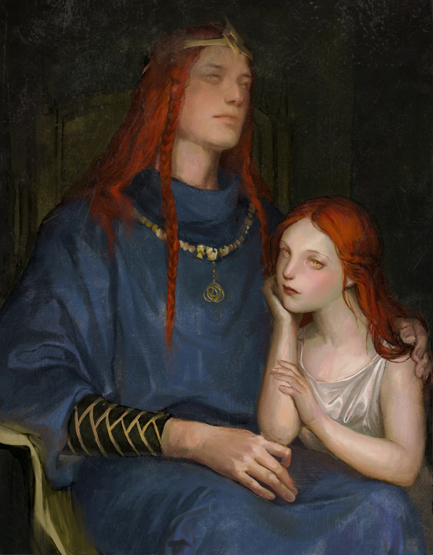 1boy, 1girl, blue_robe, braid, closed_mouth, crown, dress, elden_ring, father_and_daughter, fine_art_parody, highres, jewelry, long_hair, looking_at_viewer, malenia_blade_of_miquella, necklace, parody, radagon_of_the_golden_order, redhead, sitting, the_old_crane, white_dress, yellow_eyes