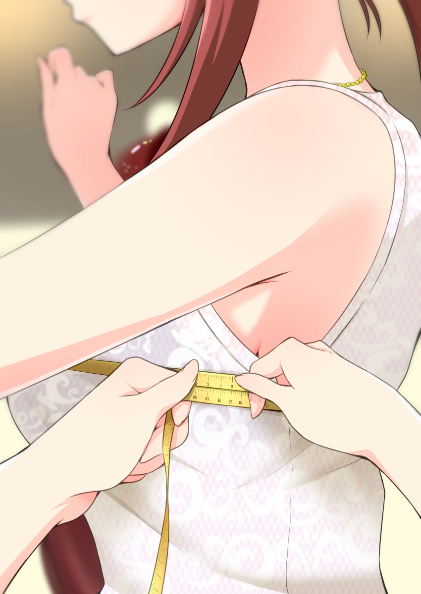 2girls, absurdres, bra, bra_visible_through_clothes, breast_focus, breasts, bust_measuring, close-up